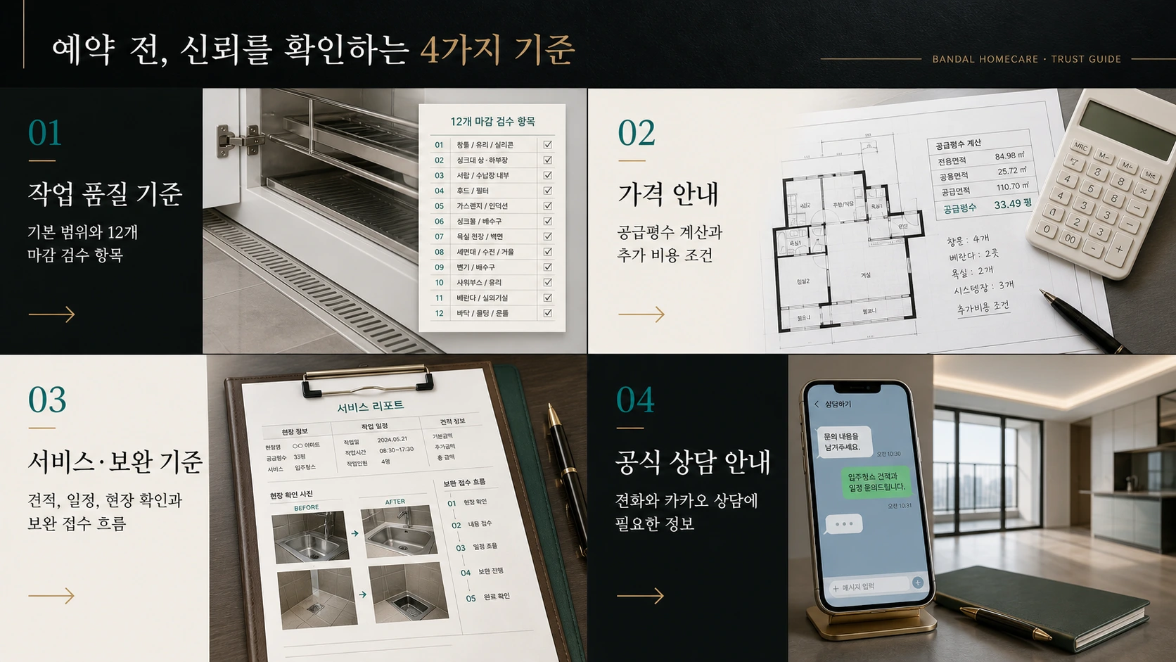 예약 전 신뢰를 확인하는 네 가지 기준. 작업 품질 기준, 가격 안내, 서비스와 보완 기준, 공식 상담 안내