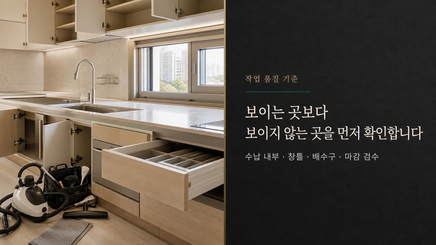 입주청소 작업 품질 기준. 수납 내부, 창틀, 배수구와 마감 검수