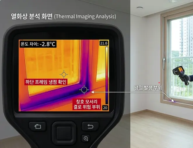 아파트 창호의 일반 사진과 열화상 측정 화면을 함께 비교한 이미지