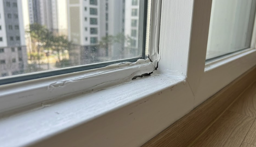 창호 하단 실리콘 벌어짐 근접 이미지